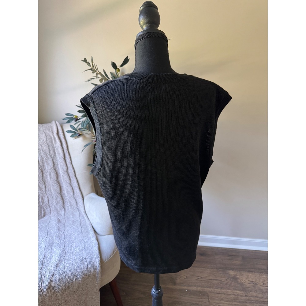 Lucia Vintage Black Knit Sweater Vest Floral Beaded Button Front Ramie Cotton M - Picture 4 of 4